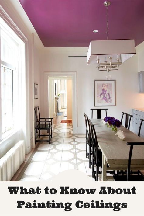 What to Know About Painting Ceilings | Don't overlook the space overhead during your next painting project.  Consider it as a fifth wall and take your design inspiration to new heights with these helpful tips.  #painting #homeimprovement #marthastewart #homedecor #paintingtips Painting Ceilings, Interior Paint Color Palette, Purple Ceiling, Ceiling Paint Colors, Ceiling Paint, Bold Paint Colors, Los Angeles Interior Design, Colorful Interior Design, Colored Ceiling