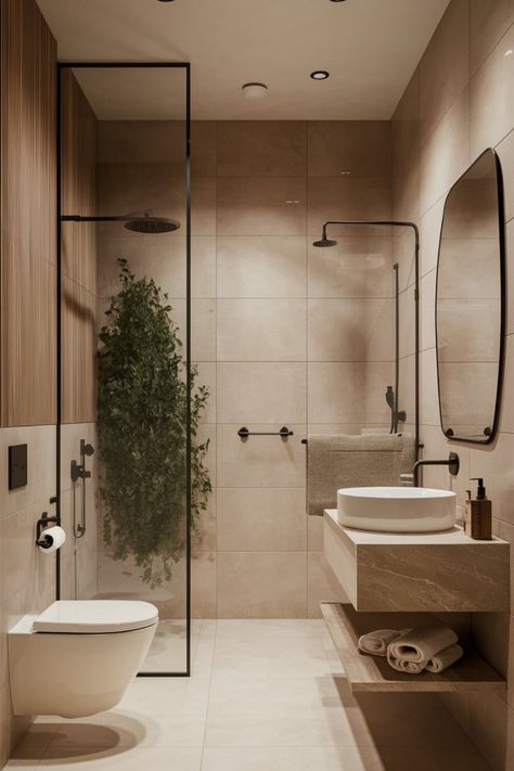 Design a minimalist bathroom with earthy elements. Use beige tiles, minimalist fixtures, and potted plants to create a warm, relaxing escape. #MinimalistBathroom #BathroomDesign #NatureInspiredDecor #NeutralBathroom #BathroomGoals #ClutterFreeLiving #GreeneryDecor #WarmInteriors #BathroomInspo #InteriorStyling Japandi Apartment Bathroom, Beige Bathroom Accent Colors, Neutral Shower Room, Big Bathroom Tiles, Sunken Bathroom, Bali Inspired Bathroom, Small Bathroom Plants Decor, Earthy Modern Bathroom, Warm Neutral Bathroom Ideas