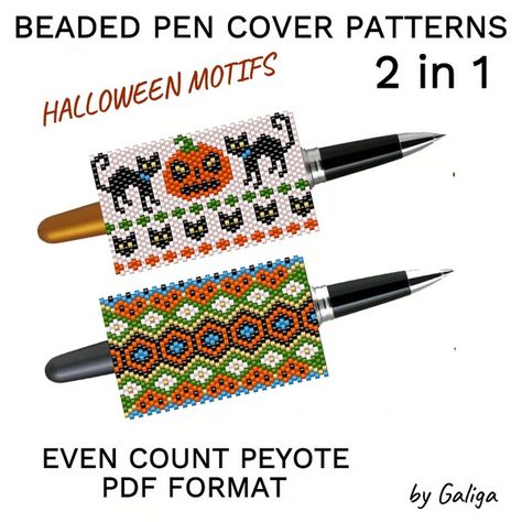 Halloween Pen Sleeve Patterns DIY Beaded Pen Cover Design Pu - Inspire Uplift Pen Toppers, Black Statement Earrings, Beaded Patterns, Loom Jewelry, Halloween Beads, Seed Beading, Brick Stitch Pattern, Beading Techniques, Wrap Pattern