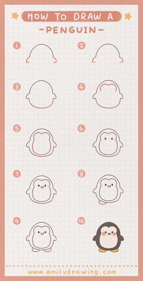 Doodle Drawing Step By Step, Cute Drawing Tutorials Step By Step, Easy Drawings Penguin, Drawing Steps Easy, Penguin Step By Step Drawing, Cute Simple Penguin Drawing, How To Draw A Penguin Step By Step Easy, Step To Step Drawing Easy, Penguin Drawing Tutorial