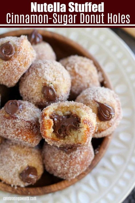 Baked Cinnamon Sugar Donut Holes filled with Nutella! #donuts #donutholes #nutella #bakeddonuts Cinnamon Sugar Donut Holes, Baked Caramel Apples, Nutella Donuts, Celebrating Sweets, Making Donuts, Baked Donut Recipes, Nutella Desserts, Cinnamon Sugar Donuts, Sugar Donut