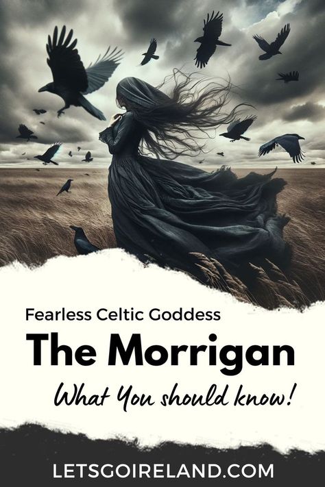 The Morrigan Goddess in a dark cloak with wild hair blowing in the wind. In the background there are big stormy cloudy and crows flying. The reader is Told that this is where the reader will get the information they should know about the Morrigan. Irish Myths And Legends, Welsh Gods, The Morrigan Goddess, Hello Witchling, Morrigan Goddess, Irish Legends, Irish Myths, Healing Goddess, Mythology Creatures