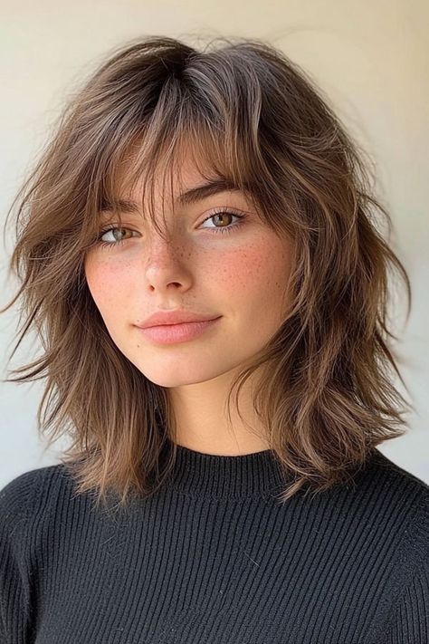 Textured Shaggy Bob with Feathery Bangs, Effortless Chic Bob Hairstyle Choppy Layers Bob, Textured Shaggy Bob, Bob Hairstyles Textured, Bob With Bangs Over 50, Cowgirl Bob, Feathery Bangs, Textured Bob With Bangs, Bob With Wispy Bangs, Chic Bob Hairstyles