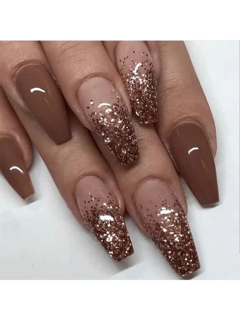 Gradient Brown & Starry Pink Short Ballerina Shape Press On Nails With Glitter For Women, Detachable | SHEIN USA Brown Nail Art, Brown Acrylic Nails, Nails With Glitter, Brown Nails Design, Ballet Nails, Nails Glossy, Short Fake Nails, Winter Nails Acrylic, Coffin Press On Nails