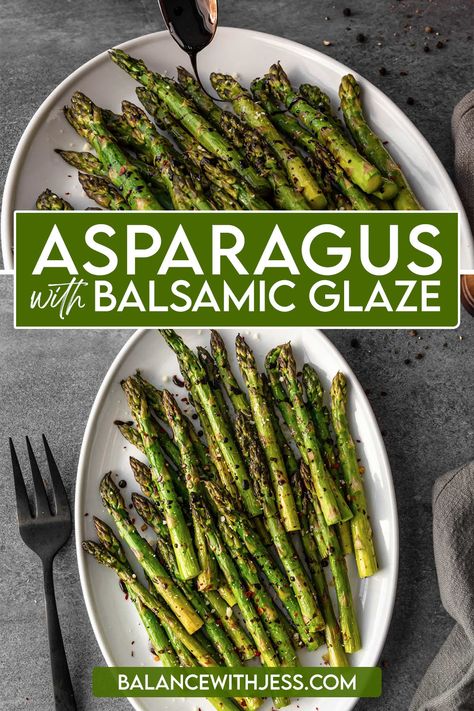 Baked Asparagus with homemade Balsamic Glaze is deliciously easy and healthy! The sweet and sour balsamic reduction is the perfect pairing to perfectly cooked asparagus in the oven. All you need is 6 ingredients and 25 minutes for this perfect side dish! Vegan, vegetarian, less than 30 ingredients, gluten free, dairy free. Asparagus With Balsamic Glaze, Asparagus In The Oven, Cooked Asparagus, Homemade Slaw, Oven Roasted Asparagus, 2024 Recipes, Baked Asparagus, Vegan Roast, Easter Dinner Recipes