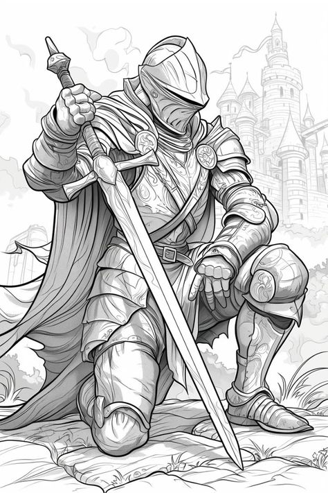 Knight In Shining Armor Drawing, Easy Knight Drawing, Kneeling Knight Tattoo, Knight Drawing Character Design, Medieval Knight Drawing, Knight Armor Art, Knight Drawing Reference, Castle Line Art, Medieval Knight Art