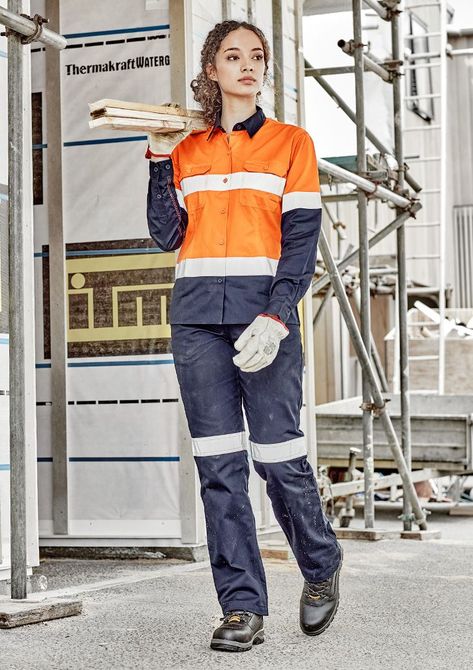 170 gsm mid weight cotton twill to keep you cool while still being tough enough for any job. Item code: ZWL123 Women In Construction Outfits, Construction Uniform, Construction Outfit, Safety Workwear, Women's Uniforms, Safety Clothing, Reflective Tape, Uniform Fashion, Uniform Design