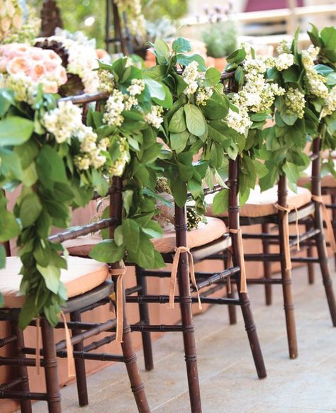 13 Genius Places To Hang A Wedding Garland like this wedding reception that wrapped the head table chairs in greenery and floral garland. #weddinginspiration Chair Swag, Wedding Chair Decor, Party Chair, Garland Wedding Decor, Floral Chair, Wedding Chair Decorations, Chair Decor, Floral Swag, Reception Chair