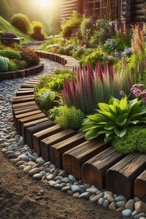 Paying attention to garden edging can truly transform the overall look and feel of your outdoor space. These ideas provide both functionality and aesthetic appeal, ensuring your garden stands out.  Cheap garden border ideas, plants, UK, landscape edging, wood, low maintenance, brick, stone, cheap wood. Garden Bed Boarder Ideas, Wood Landscaping Borders, Patio Borders Landscaping, Wooden Borders Garden, Natural Flower Bed Borders, Yard Borders Landscape Edging, Landscape Design Edging, Landscaping Barrier Ideas, Landscaping With Wood Edging