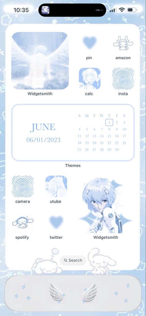 Ios16, ios15, ios14, aesthetic, blue, layout, icon, widget, anime, rei ayanami, cinnamoroll, sanrio, cute, phone, anime, pastel Cinnamoroll Widget Long, Blue Ios 16 Homescreen Ideas, Cute Layout Iphone, Blue Phone Layout Ideas, Angel Phone Theme, Cinnamoroll Homescreen Layout, Aesthetic Ios 16 Layout, Blue Phone Widget, Rei Ayanami Widget