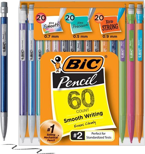 BIC Variety Pack, Assorted Sizes, 0.5mm, 0.7mm, 0.9mm, 60-Count, Refillable Design for Long-Lasting Use Pencils For School, Bic Mechanical Pencils, Bic Pencils, 60 Number, Writing & Drawing Instruments, Standardized Testing, Pencil Eraser, Mechanical Pencil, Wood Case