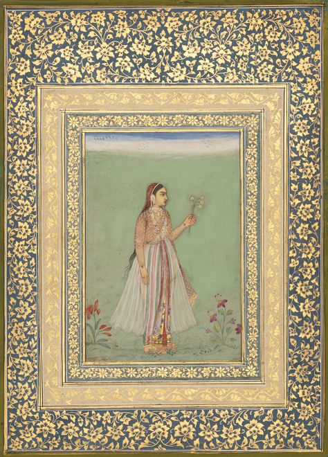 Court Lady with a Narcissus. Opaque watercolour and gold on paper, Mughal India, ca. 1630, Khalili Collection MSS 1026, Though a single woman holding a spray of flowers became something of a cliché during Shah Jahan’s reign, this is one of the early extant examples of the genre. ... Mughal Miniature Paintings, Mughal Art Paintings, South Asian Art, Persian Miniature, Mughal Paintings, Indian Painting, Indian Folk Art, Ancient India, Indian Paintings