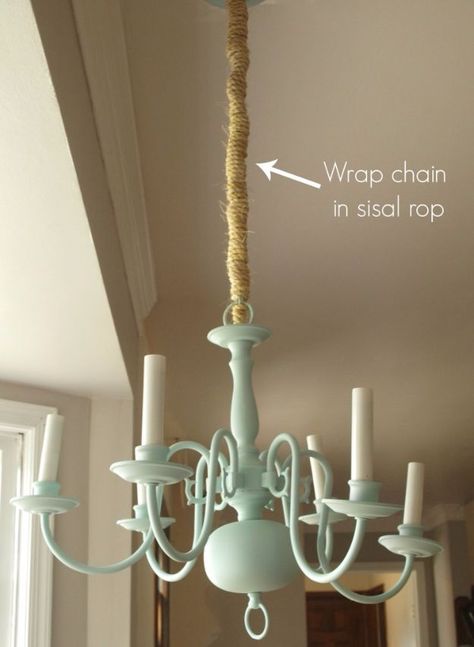 DIY Chandelier Makeovers - Mint And Sisal Rope Chandelier Redo - Easy Ideas for Old Brass, Crystal and Ugly Gold Chandelier Makeover - Cool Before and After Projects for Chandeliers - Farmhouse, Shabby Chic and Vintage Home Decor on A Budget - Living Room, Bedroom and Dining Room Idea DIY Joy Projects and Crafts http://diyjoy.com/diy-chandelier-makeovers Painting Chandeliers, Chandelier Upgrade, Chandelier Redo, Painted Chandelier, Shabby Chic Dining Room, Chandelier Makeover, Rope Chandelier, Chandelier Chain, Shabby Chic Dining