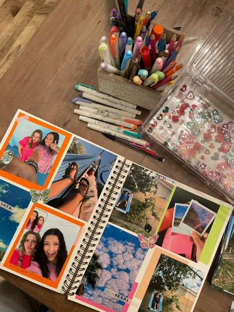 Scrapbook summer photos prints paper stickers Scrapbook For Highschool, Photo Album Scrapbooking Memories, Scrapbook Highschool, Scrapbook Journal Highschool, School Life Scrapbook, Photo Albums Ideas, Scrapbooking High School Years, Senior Scrapbook Ideas, Senior Year Scrapbook