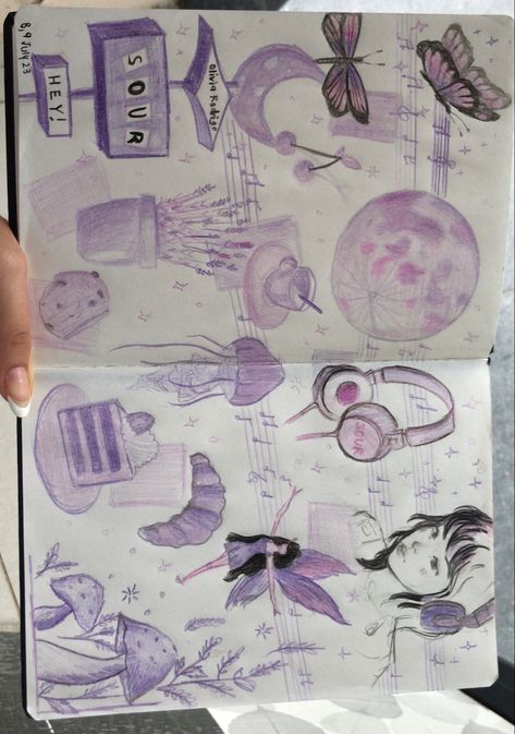 Aesthetic Sketchbook lavender page inspiration of random things. Full Sketchbook Page, Purple Drawings, Sketchbook Pages Aesthetic, Aesthetic Sketchbook Pages, Lavender Journal, Sketchbook Pages Inspiration, Charlotte Core, Aesthetic Sketches, Journal Affirmations