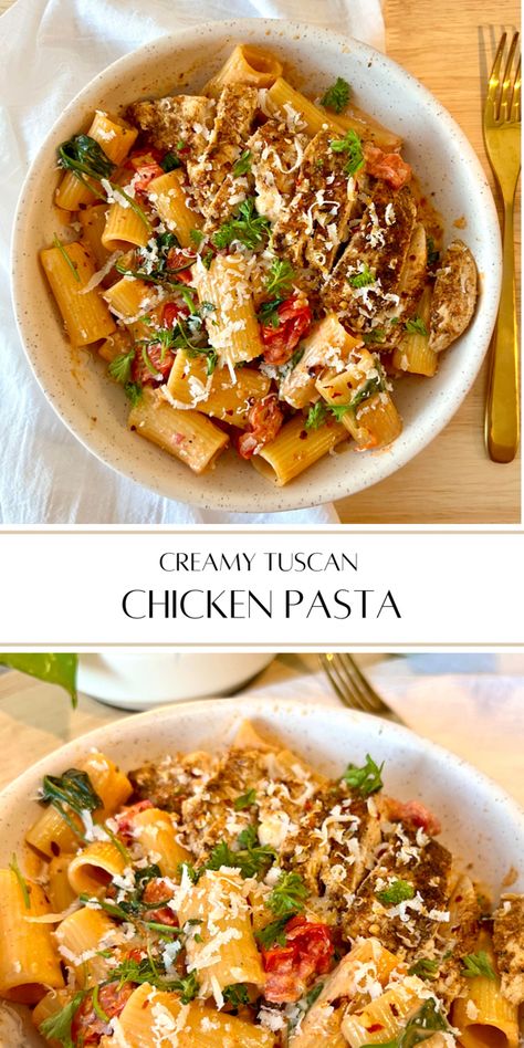 tender rigatoni covered in a creamy tuscan tomato sauce, with grilled chicken and fresh herbs and parmesan. Rigatoni And Chicken Recipes, Rigatoni Chicken Pasta, Chicken Rigatoni Recipes, Tuscan Rigatoni, Tuscan Dishes, Tuscan Sauce, Chicken Tomato Pasta, Creamy Tuscan Chicken Pasta, Chicken Rigatoni