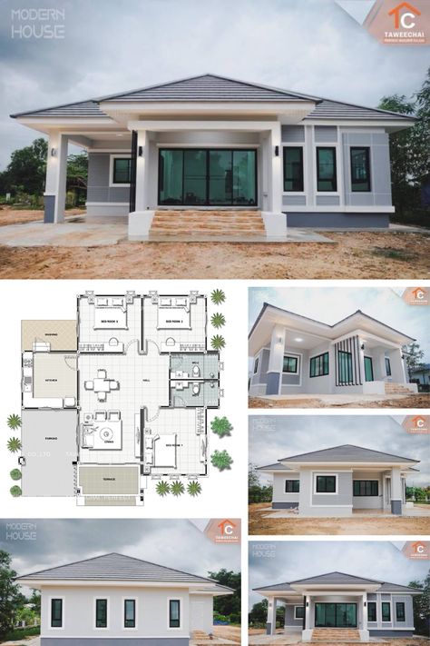 Gray Bungalow with Three Bedrooms Three Bedroom House Plan Three Bedroom House Plans Modern, 3 Bedroom Modern Bungalow House Plans, Three Bedroom House Plans Modern, Interior Design Bungalow, Beautiful Bungalows, Four Bedroom House Plans, Modern Bungalow House Plans, Bungalow Ideas, Modern Bungalow House Design