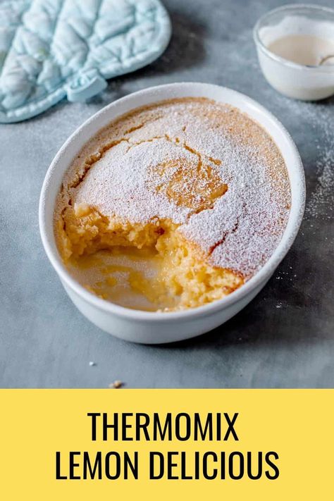 This tasty Thermomix Lemon Delicious pudding emerges from the oven with a magic golden sponge layer on top and tangy sauce underneath. Healthy Thermomix Recipes, Best Thermomix Recipes, Thermomix Baking Recipes, Lemon Pudding Dessert, Graham Recipe, Thermomix Healthy, Thermomix Recipes Dinner, Thermomix Recipes Healthy, Thermomix Baking