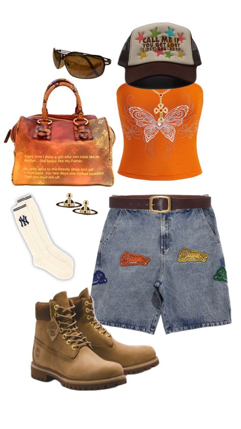 orange tube top, baggy denim shorts, orange lv bag, timbs 2000’s Outfits, Streetwear 2000s, Orange Streetwear, 2000s Streetwear, Aesthetic Clothing Stores, Orange Fits, Orange Outfit, Y2k Outfits, Fit Board Workouts