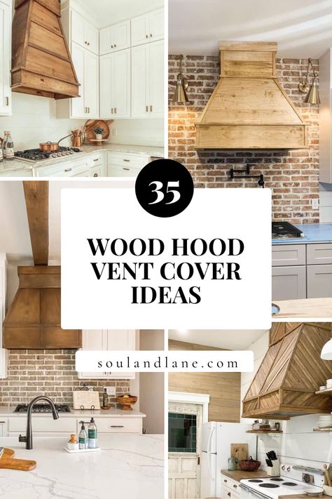 Breathe new life into your kitchen with our selection of wood hood vent cover ideas. These designs are not just functional; they are a statement of style and warmth. Imagine the rich textures and natural colors of wood blending seamlessly with your kitchen's decor, turning a simple vent hood into a striking feature. Whether you prefer a rustic charm or a sleek, modern look, we'll guide you through the forest of possibilities to find the perfect wood vent cover that makes your kitchen feel more i Wood Hood Cover Kitchen, Decorative Hood Over Stove, Stained Vent Hood With White Cabinets, Wood Exhaust Hood Kitchen, Custom Range Hood Cover, Wood Stove Hoods Ideas, Hood Ideas For Kitchen, Wooden Hoods Over Stove, Over The Range Hood Ideas