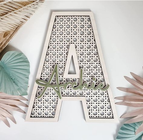 Custom Boho Wood Personalized Initial & Name Sign, 3D Layered Letter Handmade Rattan Wall Decor for Nursery or Child's Bedroom Rattan Name Sign, Modele Impression 3d, Wall Decor For Nursery, Rattan Wall Decor, Decor For Nursery, Rattan Wall, Wood Personalized, Initial Name, Birthday Gifts For Boys