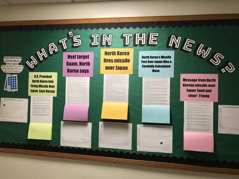 What's in the news? Current events/news bulletin board School Events Bulletin Board, Teacher Union Bulletin Board, News Board Classroom, Sixth Form Display Board, Journalism Bulletin Board Ideas, Classroom News Bulletin Board, Current Events Bulletin Board Ideas, Newspaper Bulletin Board Ideas, News Bulletin Board Ideas