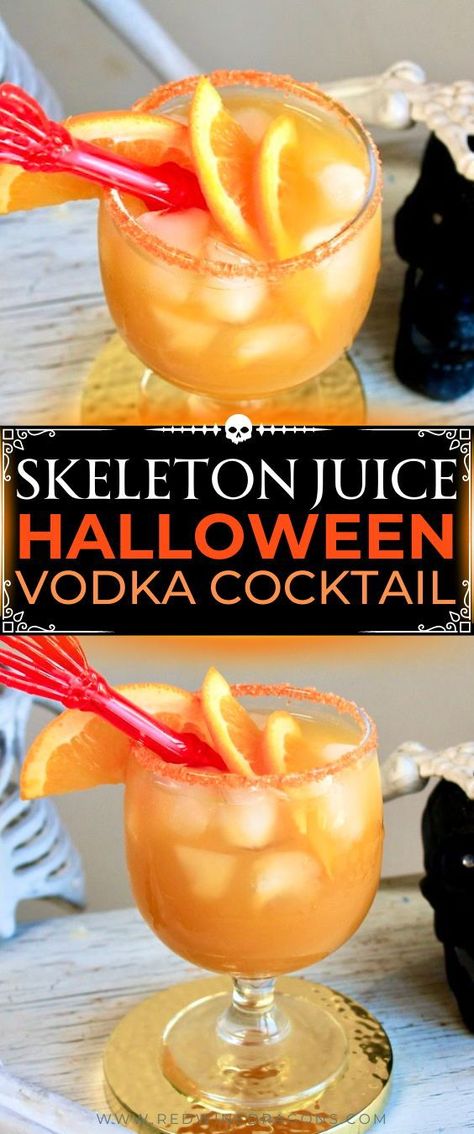 A spooky skeleton juice vodka Halloween cocktail with mango, orange, and peach flavor makes the perfect drink to set the mood for a festive Halloween party... #halloweendrinks #halloweencocktails #vodkahalloweencocktail #halloweenvodkadrink #halloweenpartydrinks  #orangedrink #vodkadrinks Orange Cocktails Halloween, Halloween Vodka Punch Recipes, Trick Or Treat Drinks For Adults, Halloween Vodka Drinks Easy, Keto Halloween Cocktails, Orange Halloween Drinks Alcohol, Halloween Themed Cocktail Recipes, Orange Halloween Drink, Halloween Drinks With Vodka