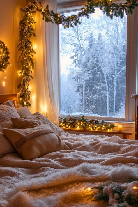 Looking for a quick and charming way to transform your bedroom this winter? I love how a simple DIY garland wrapped with fairy lights can bring a touch of wonderland magic to any space. Hang it on your curtain rod or along your wall for a cozy, seasonal vibe. It’s effortless, elegant, and perfect for creating a wintery aesthetic. You’ll be amazed at how much warmth and charm it adds—give it a try! Cozy Winter Night Aesthetic, Cozy Bedroom Aesthetic Fairy Lights, Cozy Night In Aesthetic, Snowy Bedroom, Warm Cozy Room Aesthetic, Cosy Winter Aesthetic, Cozy Winter Cabin Aesthetic, Soft Cozy Aesthetic, Christmas Bedrooms Cozy