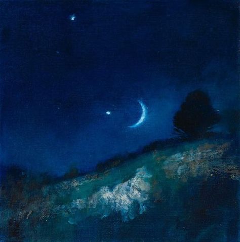 Venus Jupiter, The Night Sky, Crescent Moon, Night Sky, Crescent, Dark Blue, Oil Painting, Moon, Blue