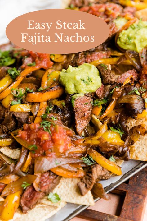 Steak Fajita Nachos are always a crowd pleaser! Crispy tortilla chips are topped with juicy steak, caramelized onions, bell peppers, and a variety of toppings like guacamole and salsa. And best of all, this is an easy recipe that anyone can make! Steak Fajita Nachos, Fajita Nachos Recipe, Fajita Nachos, Steak Nachos, Snacks And Appetizers, Taquitos Recipe, Homemade Fajita Seasoning, Easy Steak, Chicken Taquitos