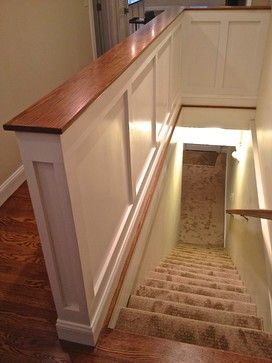 Staircase Design Ideas, Inspiration, Pictures and Remodels Top Of Stairs Upstairs Landing Railings, Bookcase Stair Railing, Basement Stairs In Living Room, Open Staircase Ideas Half Walls, Open Basement Stairs In Kitchen, Condo Entryway, Open Basement Stairs, Half Wall Ideas, Cottage Addition