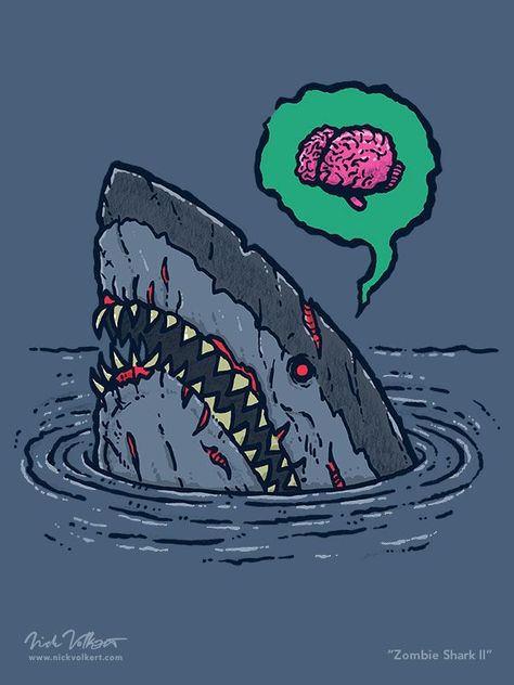 A shark peaks out of the water in bad shape looking horrifying and looking for brains. Shark Brain, Zombie Shark, Silly Sharks, Shark Things, Halloween Widget, Zombie Monster, Bat Art, Door Decs, Shark Art