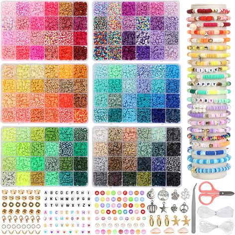 [Clay Beads Kit] 6 boxes of clay beads in 144 colors, 100 pieces per color. It also includes 412 letter beads in 3 styles, 20 gold square beads, 20 gold star beads, 20 gold spacers, 20 gold round beads, 10 shell pendants (both white and gold styles), 30 pearls, 5 golden starfish pendants, 8 sterling silver pendants, 50 gold jump rings, 20 clasps, 10 gold lobster clasps, 1 roll of elastic cord, 1 roll of crystal cord, 1 pair of scissors and 1 pair of tweezers. Crafts Christmas Gifts, Concert Bracelets, Clay Beads Bracelet, Craft Christmas Gifts, Beads Kit, Bracelet Making Kit, Flat Beads, Rubber Band Bracelet, Star Beads