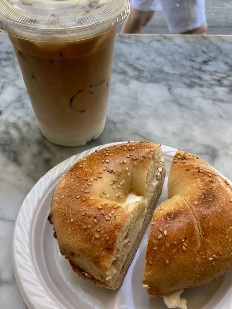 Iced Coffee And Bagel Aesthetic, Bagel Aestethic, Bagel Aesthetics, Bagels Aesthetic, Bagel Store, Beige Food, Coffee And Bagel, Bagel Recipe, Food Is Fuel