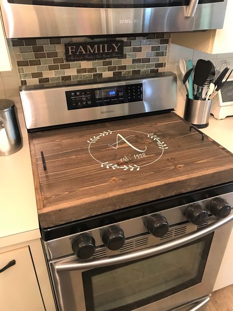 Every farmhouse kitchen needs this handcrafted, wooden stove top cover. Doubles as a serving tray for your next party, this high-quality Red Oak stove top cover pairs well with open shelving to create a warm, rustic look. Fits both gas stoves and electric stoves. Perfect wedding or housewarming gift for newlyweds. Kitchen Renovation Diy Ideas, Wooden Stove Top Covers, Diy Rustic Home, Kitchen Design Diy, Stove Top Cover, Diy Rustic Decor, Diy Kitchen Renovation, Handcrafted Decor, Kitchen Stove