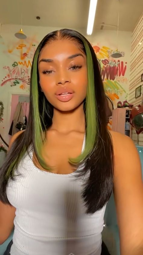 Weave With Green Highlights, Green Highlights Black Women, Black And Green Striped Hair, Skunk Stripe Weave, Green Skunk Stripe Hair Black Women, Green Peekaboo Hair, Green Hair Black Women, Green Skunk Stripe, Black And Green Hair