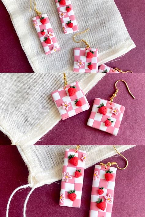 Pink Picnic Blanket, Polymer Clay Beads Diy, Jewelry Stickers, Strawberry Cottage, Pink Picnic, Crea Fimo, Earrings Cottagecore, Diy Gifts To Sell, Cottagecore Y2k