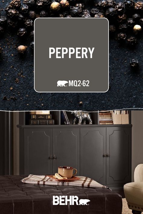 Peppery By Behr, Behr Peppery Cabinets, Behr Peppery Paint Exterior, Behr Cider Spice, Behr Peppery Paint, Moody Home Exterior Colors, Behr Peppery, Moody Behr Paint Colors, Dark Greige Paint Colors