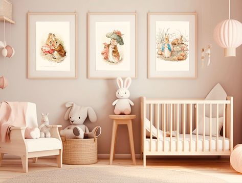 Nursery Rabbit Theme, Nursery Beatrix Potter, Vintage Beatrix Potter Nursery, Vintage Rabbit Nursery, Beatrix Potter Nursery Gender Neutral, Beatrix Potter Nursery Ideas, Peter Rabbit Nursery Girl, Vintage Bunny Nursery, Beatrix Potter Baby Room