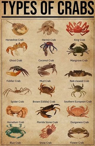 Mud Crab, Ghost Crab, Flower Crab, Spider Crab, Fiddler Crab, Coconut Crab, Crab Spider, Snow Crab, Stone Crab