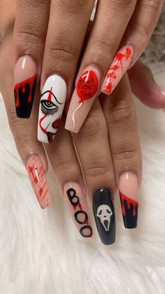 Scary Nails Horror Movies, Penny Wise Nails Acrylic, Spooky Halloween Nails Acrylic Long, It The Clown Nails, Halloween It Nails, Halloween Nails It Movie, Scary Nail Ideas, Chuckie Halloween Nails, Conjuring Nails