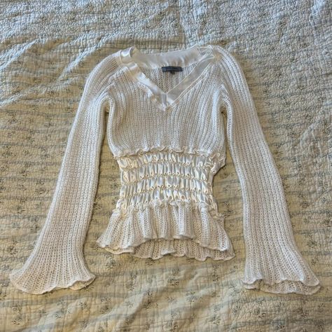 white coquette ruffle fairy sweater such a unique... - Depop Two Piece Sweater Set Crochet, White Coquette Sweater, Velvet Sweater Outfit, Fairy Sweater, Coquette Depop, Coquette Sweater, Two Piece Sweater Set, White Coquette, Fall Coquette