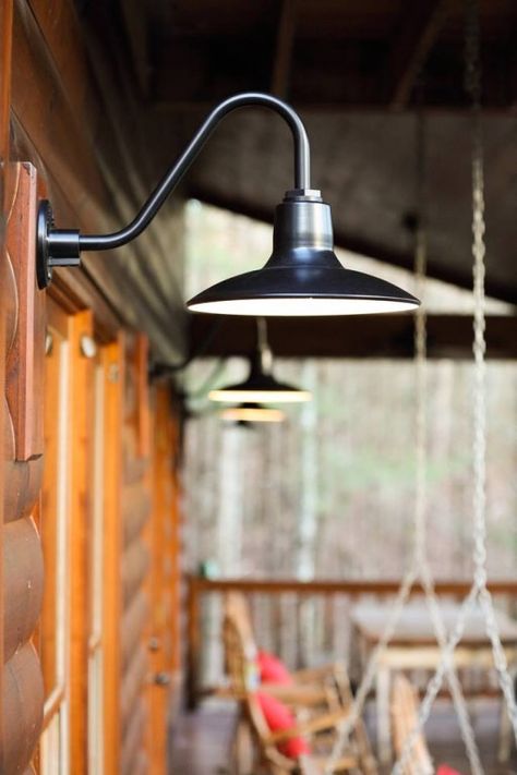 Gooseneck Barn Lighting for Mountain Retreat | Inspiration | Barn Light Electric Exterior Barn Lights, Rustic Outdoor Spaces, Gooseneck Lighting, Farmhouse Dining Room Lighting, Barn Light Electric, Rustic Light Fixtures, Barn Renovation, Cabin Lighting, Garage Lighting