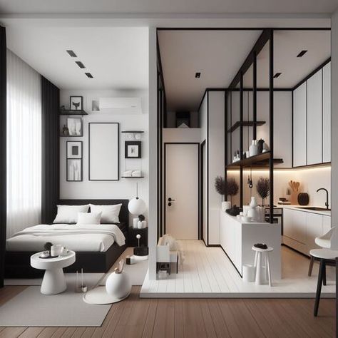 L Shape Studio Apartment Layout, 20 M2 Apartment, Studio Apartment Modern, Monoambiente Ideas, Rbnb Decor Ideas, Black And White Studio Apartment, Large Studio Apartment Ideas, Tiny Studio Apartment Ideas, 1 Room Apartment