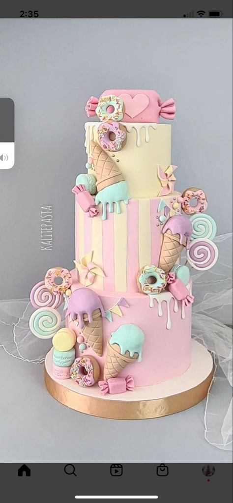 Ice Cream Candy Cake, Two Sweet Birthday Cakes, Pastel Candyland Birthday Party, Candy Land Theme Cake, Donut Theme Cake, Candy Land Birthday Cake, Candyland Theme Cake, Candy Themed Cake, Candyland Birthday Cake