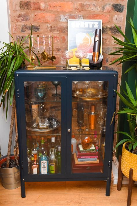 Curio Cabinet Bar, Brick Wall Dining Room, Bar Cart Cabinet, Bar Cabinet Decor, Cocktail Decor, Home Bar Cabinet, Home Bar Design, Liverpool Home, Cocktail Cabinet