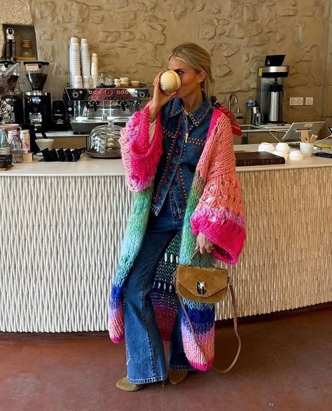 NIZHONI | Olivia @oliviatps rockin our Jace cardigan in Jewel tones! Thank you for the great post Olivia🩷🧡💛💚💙❤️ #colorfulknits #parisfashionweek… | Instagram Colorful Winter Outfits, Womens Long Cardigan Sweaters, Boho Kimono Cardigan, Bell Sleeve Cardigan, Long Sweater Jacket, Gilet Kimono, Knitted Winter Dress, Loose Kimono, Fall Winter Coat