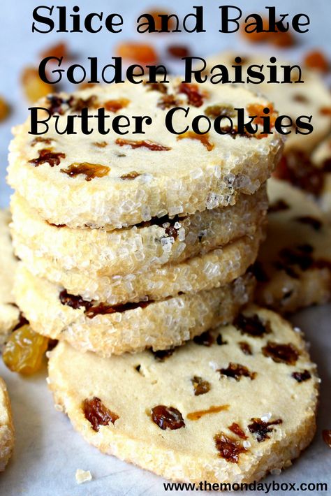 Crisp, buttery Slice and Bake Golden Raisin Butter Cookies look like little stained glass windows sparkling in shades of brown. Wonderful with cup of milk or a mug of tea!| themondaybox.com Butter Cookie Recipe Easy, Italian Butter Cookies, Butter Cookies Easy, Mug Of Tea, Raisin Recipes, Danish Butter Cookies, Easy Butter, Butter Cookies Recipe, Buttery Cookies