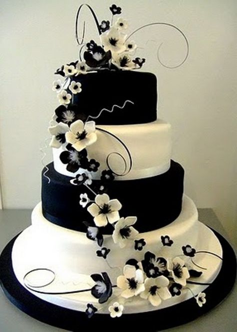 Black And White Wedding Cake, Black Wedding Cakes, Floral Wedding Cake, Tiered Cake, White Wedding Cakes, Socal Wedding, White Wedding Cake, Elegant Wedding Cakes, Beautiful Wedding Cakes