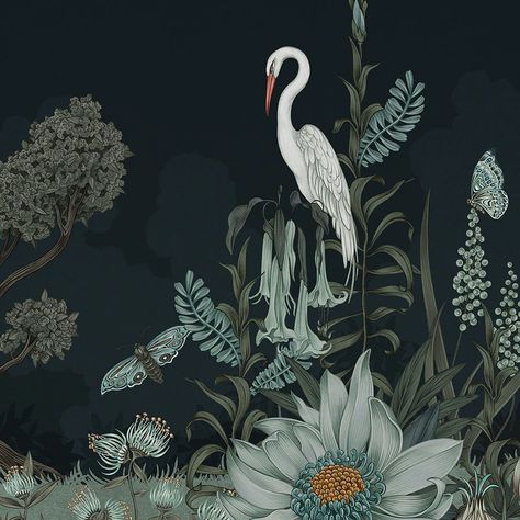 Shop Wallpaper By Style | Hygge & West Heron Wallpaper, Nighttime Sky, Night Heron, Bedroom Murals, Bad Inspiration, Night Garden, Wallpaper Calculator, Modern Wallpaper, Arte Animal